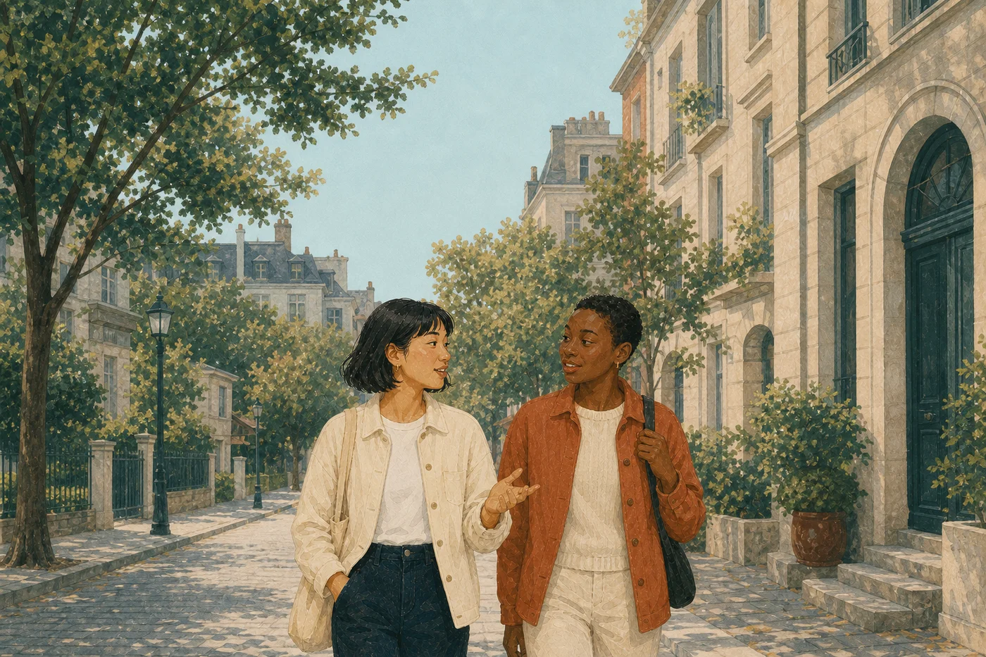 Two friends walking through the city, sharing something they learned.